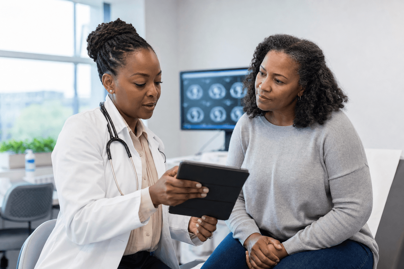 A specialist reviewing clinical information with a patient