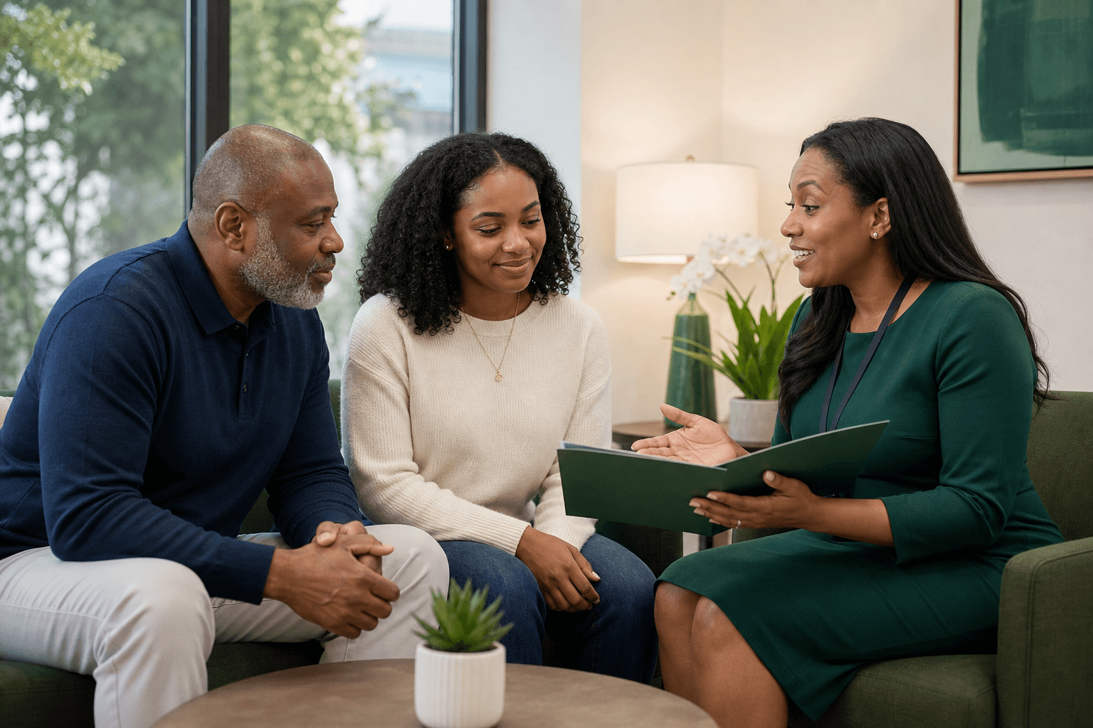 A patient and family member discussing supported care with a coordinator